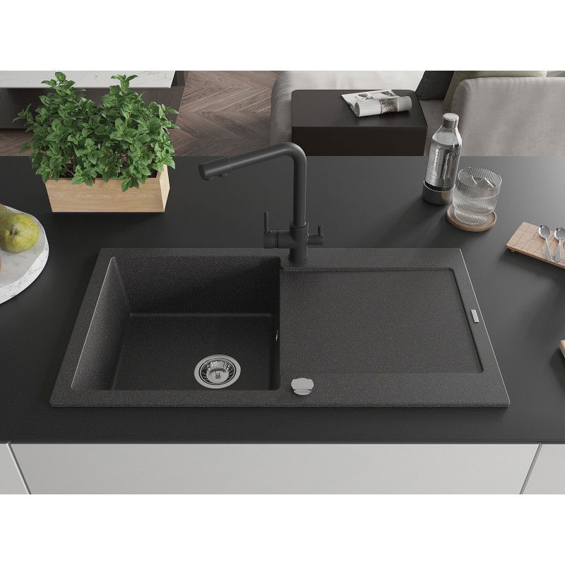 Mexen Leo granite sink, 1-bowl with drainer and Duero kitchen tap, black speckled - 6501-76-671600-70