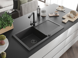 Mexen Leo 1-compartment granite sink with a drip tray and kitchen mixer tap Duero, spotted black - 6501-76-671600-70-B