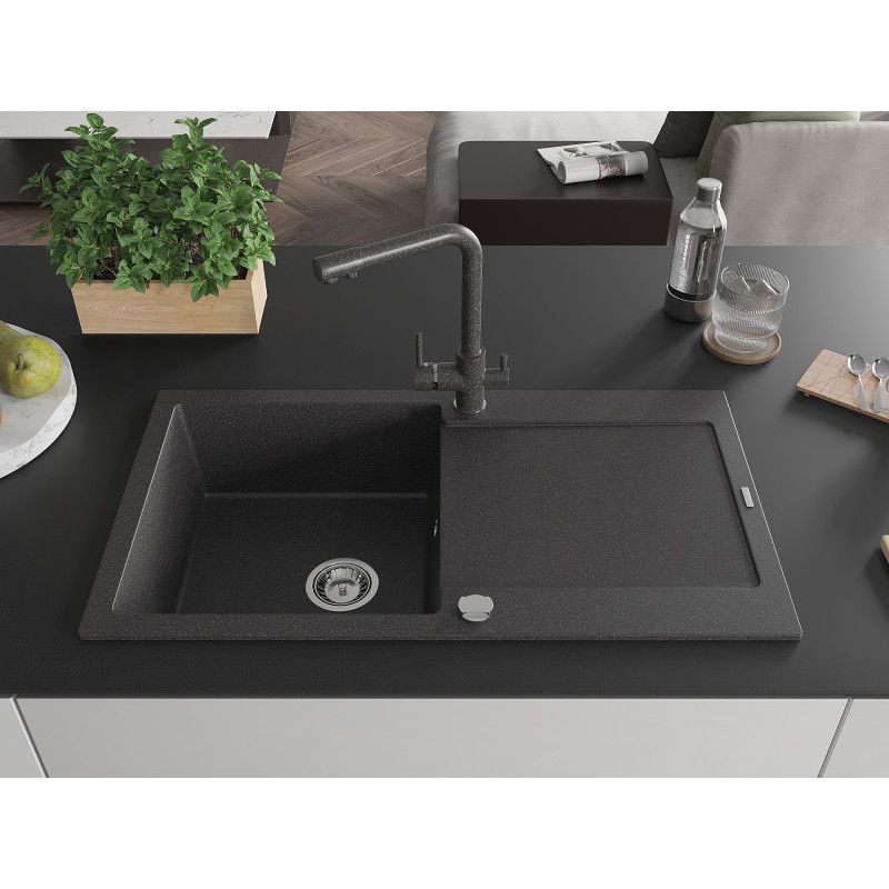 Mexen Leo 1-bowl granite sink with drainer and Duero kitchen faucet, speckled black - 6501-76-671600-76