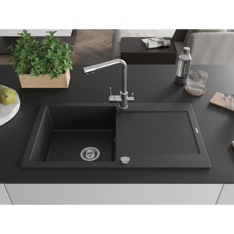 Mexen Leo granite single-basin sink with drainer and Duero kitchen faucet, black - 6501-77-671600-00