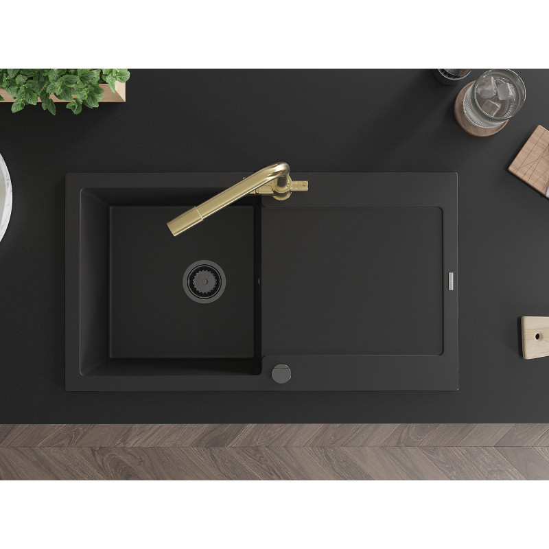 Mexen Leo 1-bowl granite sink with drainer and Duero kitchen faucet, black - 6501-77-671600-50