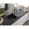 Mexen Leo 1-bowl granite sink with drainer and Duero kitchen tap, black - 6501-77-671600-50-B