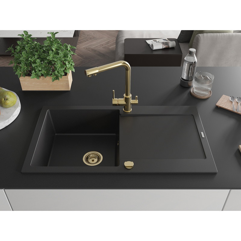 Mexen Leo 1-bowl granite kitchen sink with drainer and Duero kitchen faucet, black - 6501-77-671600-50