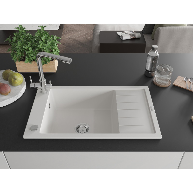 Mexen Elias 1-bowl granite sink with drainer and Duero kitchen faucet, white - 6511-20-671600-00