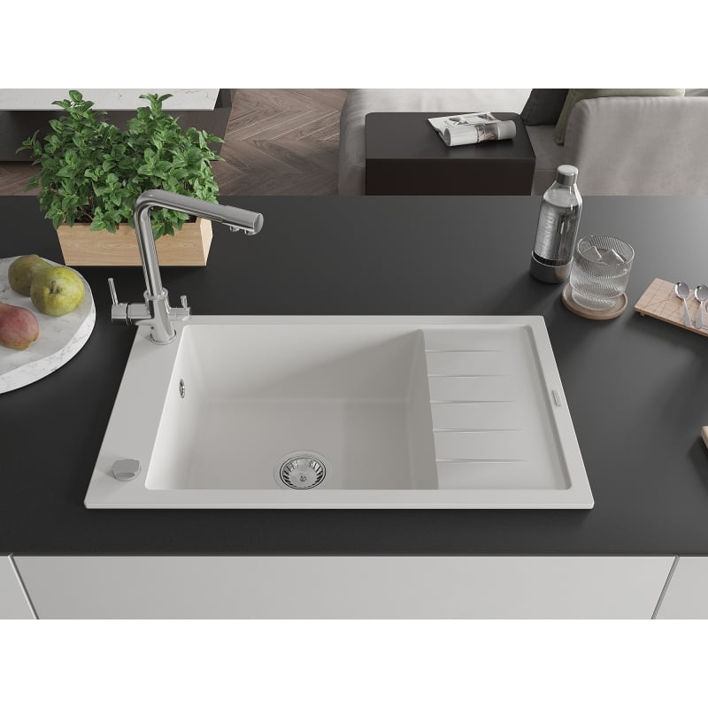Mexen Elias Granite Single-Bowl Sink with Drainer and Duero Kitchen Faucet, White - 6511-20-671600-00