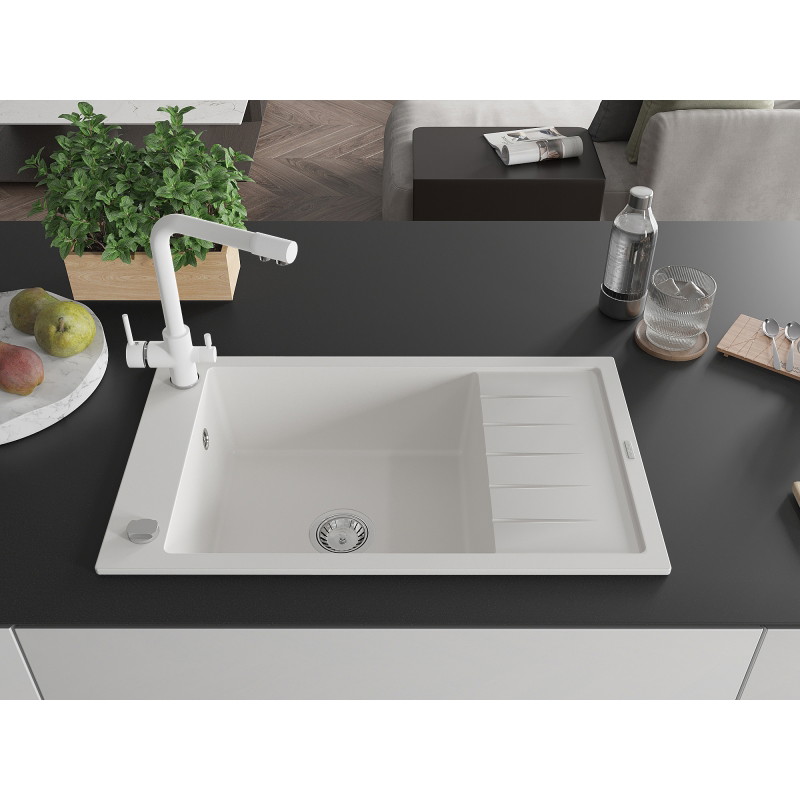 Mexen Elias granite sink 1-bowl with drainer and Duero kitchen faucet, white - 6511-20-671600-20