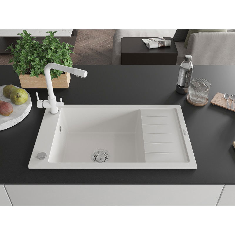 Mexen Elias granite sink 1-bowl with drainer and Duero kitchen tap, white - 6511-20-671600-20