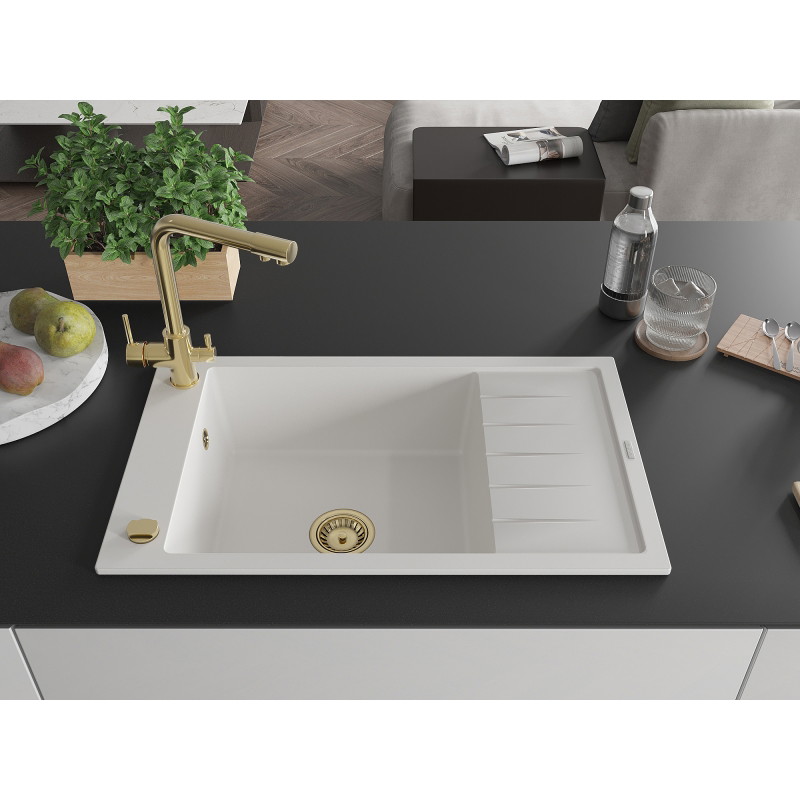 Mexen Elias 1-bowl granite sink with drainer and Duero kitchen faucet, white - 6511-20-671600-50