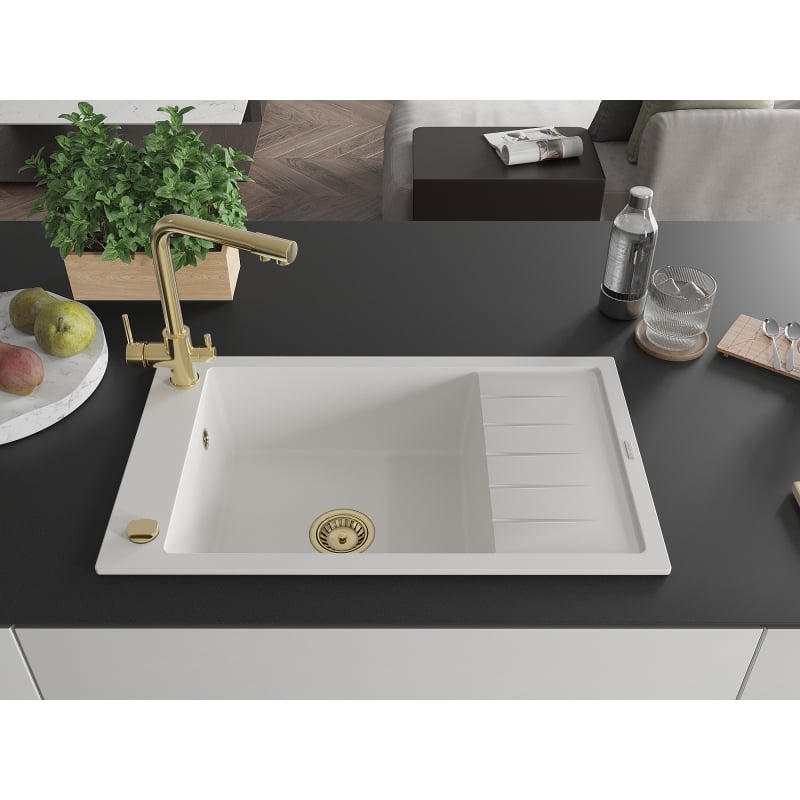 Mexen Elias 1-chamber granite sink with drainer and Duero kitchen faucet, white - 6511-20-671600-50