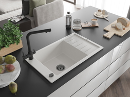 Mexen Elias granite sink 1-bowl with drainer and Duero kitchen tap, white - 6511-20-671600-70