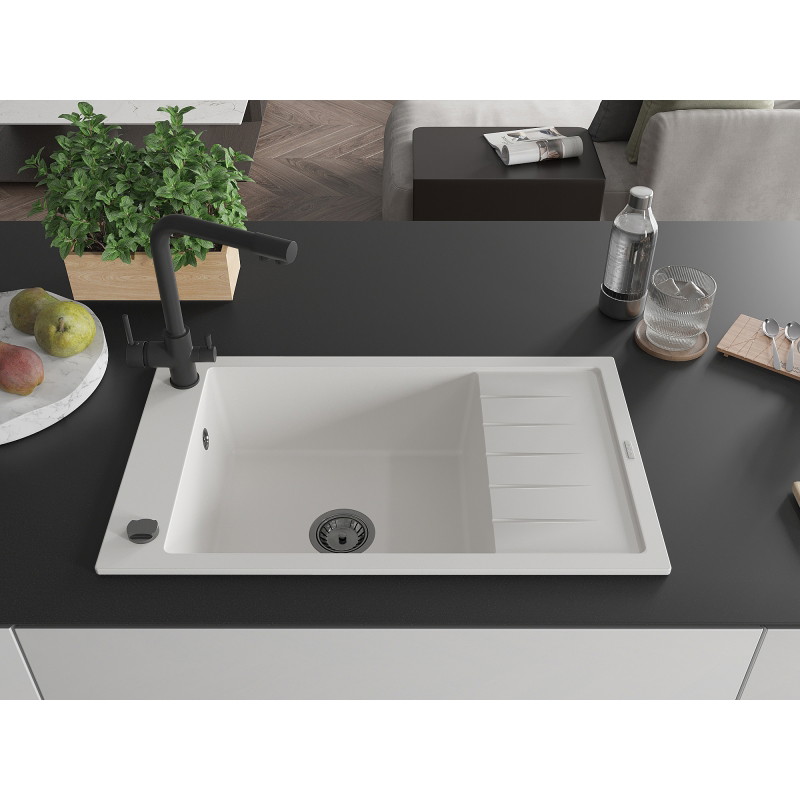 Mexen Elias granite kitchen sink 1-bowl with drainer and kitchen faucet Duero, white - 6511-20-671600-70