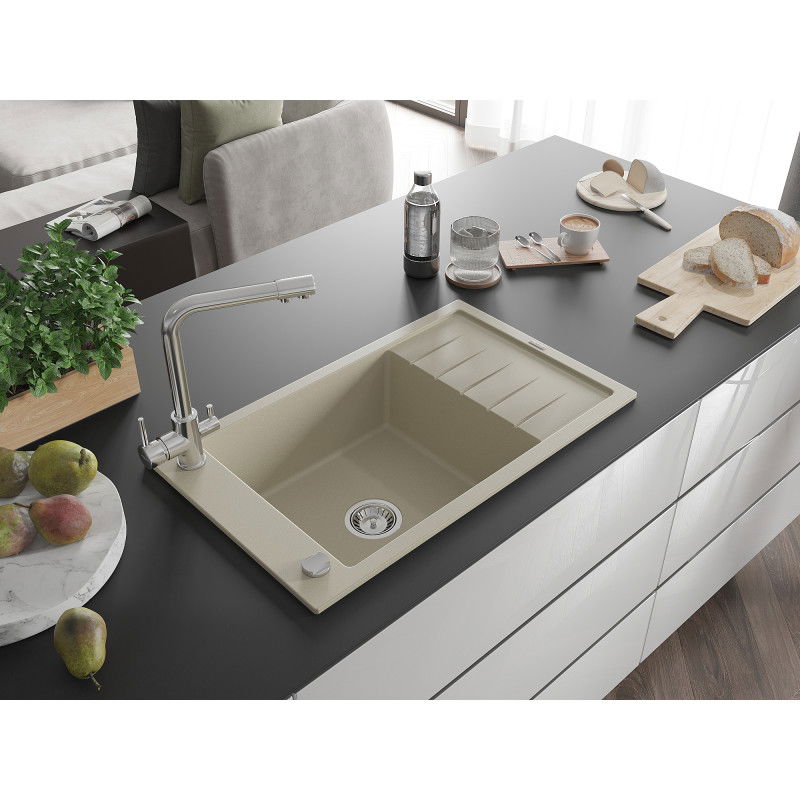 Mexen Elias granite sink 1-bowl with drainer and Duero kitchen tap, beige - 6511-69-671600-00