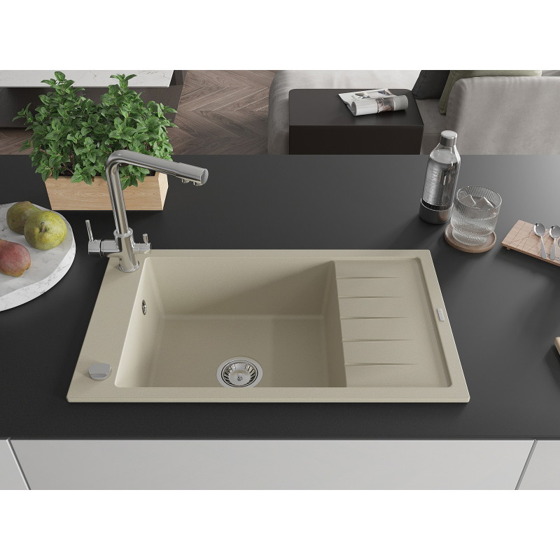 Mexen Elias granite kitchen sink 1-bowl with drainer and Duero kitchen tap, beige - 6511-69-671600-00