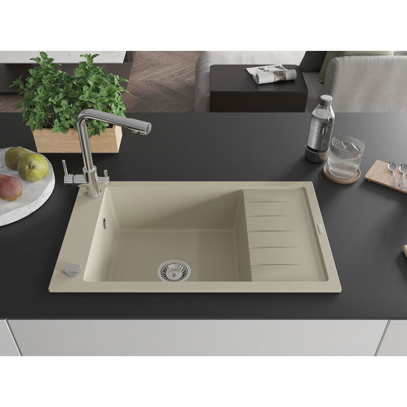 Mexen Elias granite sink 1-bowl with drainer and Duero kitchen tap, beige - 6511-69-671600-00