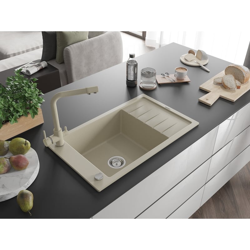 Mexen Elias granit sink 1-bowl with drainer and kitchen faucet Duero, beige - 6511-69-671600-69