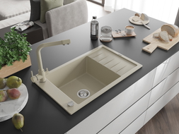 Mexen Elias single-basin granite sink with drainer and Duero kitchen faucet, beige - 6511-69-671600-69