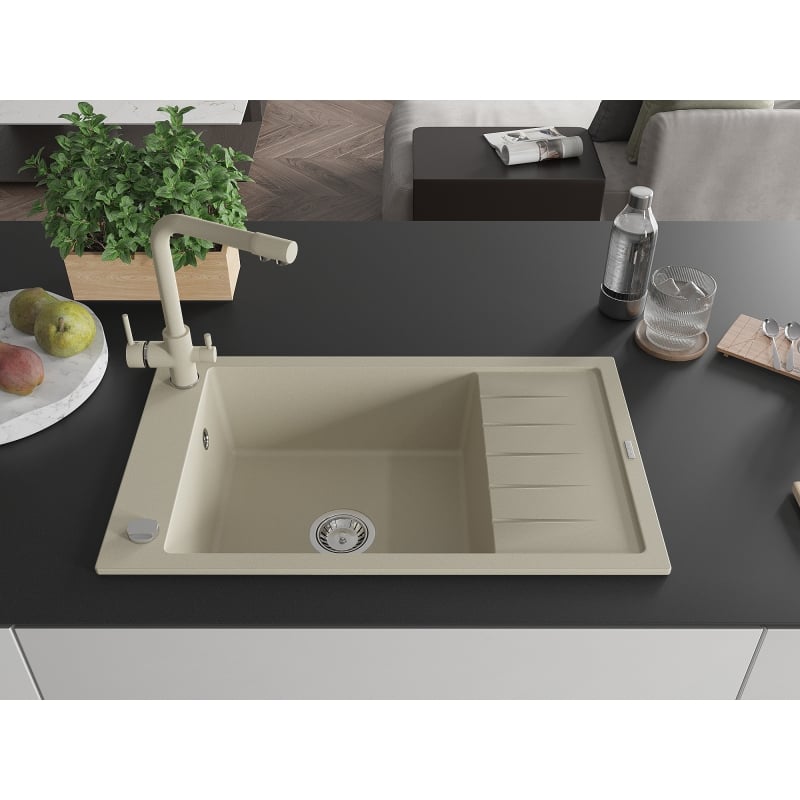 Mexen Elias granit sink 1-bowl with drainer and kitchen faucet Duero, beige - 6511-69-671600-69