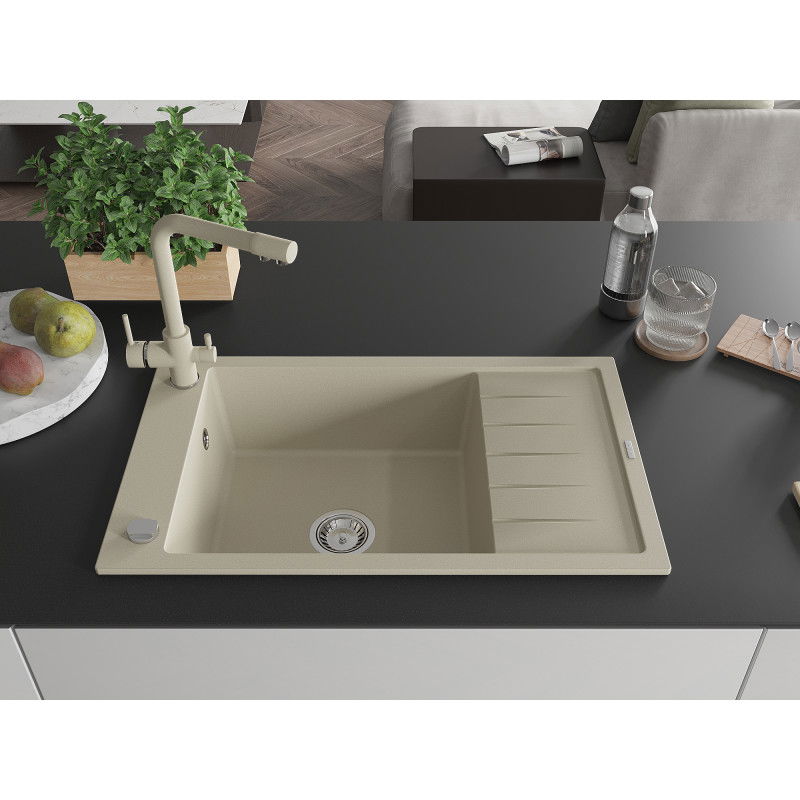 Mexen Elias granite sink 1-bowl with drainer and Duero kitchen tap, beige - 6511-69-671600-69