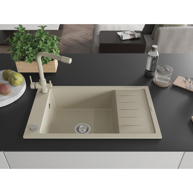 Mexen Elias single-basin granite sink with drainer and Duero kitchen faucet, beige - 6511-69-671600-69