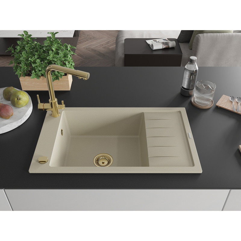 Mexen Elias granite kitchen sink 1-bowl with drainer and Duero kitchen faucet, beige - 6511-69-671600-50