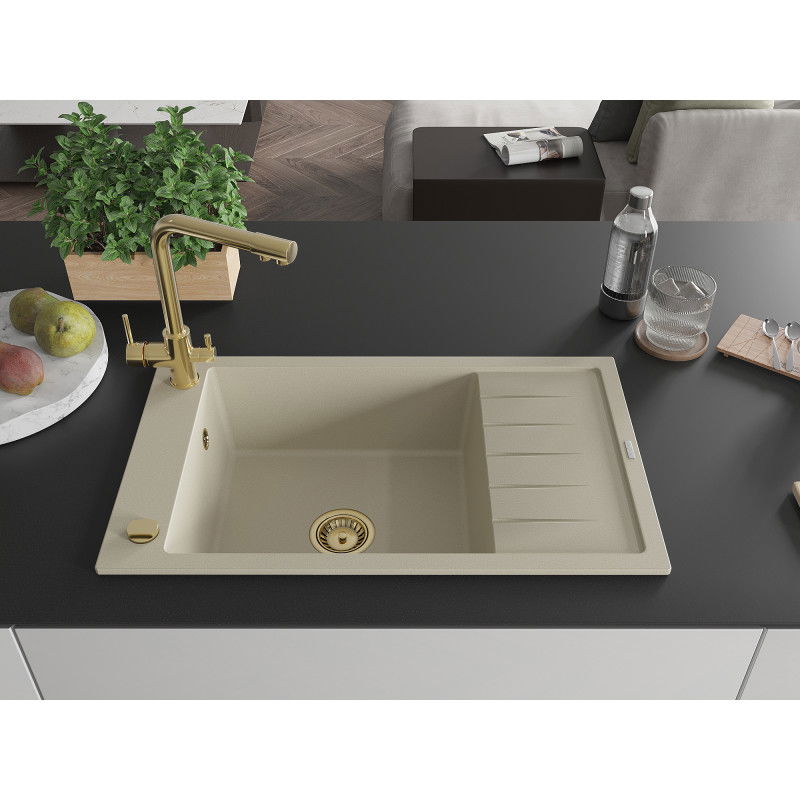 Mexen Elias granite sink with 1 bowl, drainer and Duero kitchen tap, beige - 6511-69-671600-50