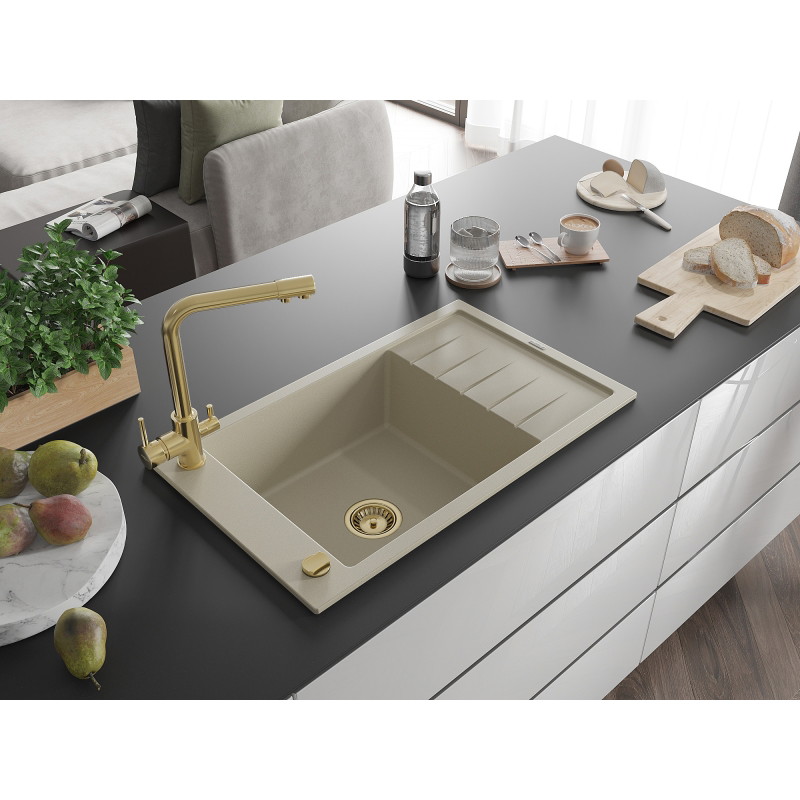 Mexen Elias granite kitchen sink 1-bowl with drainer and Duero kitchen faucet, beige - 6511-69-671600-50