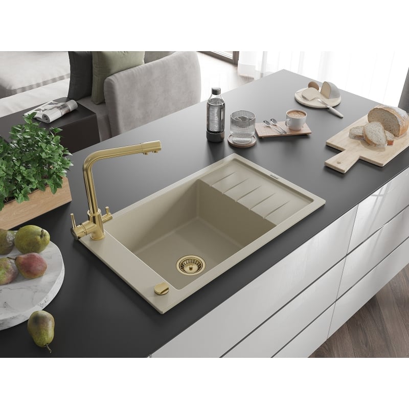 Mexen Elias granite sink 1-bowl with drainer and Duero kitchen faucet, beige - 6511-69-671600-50