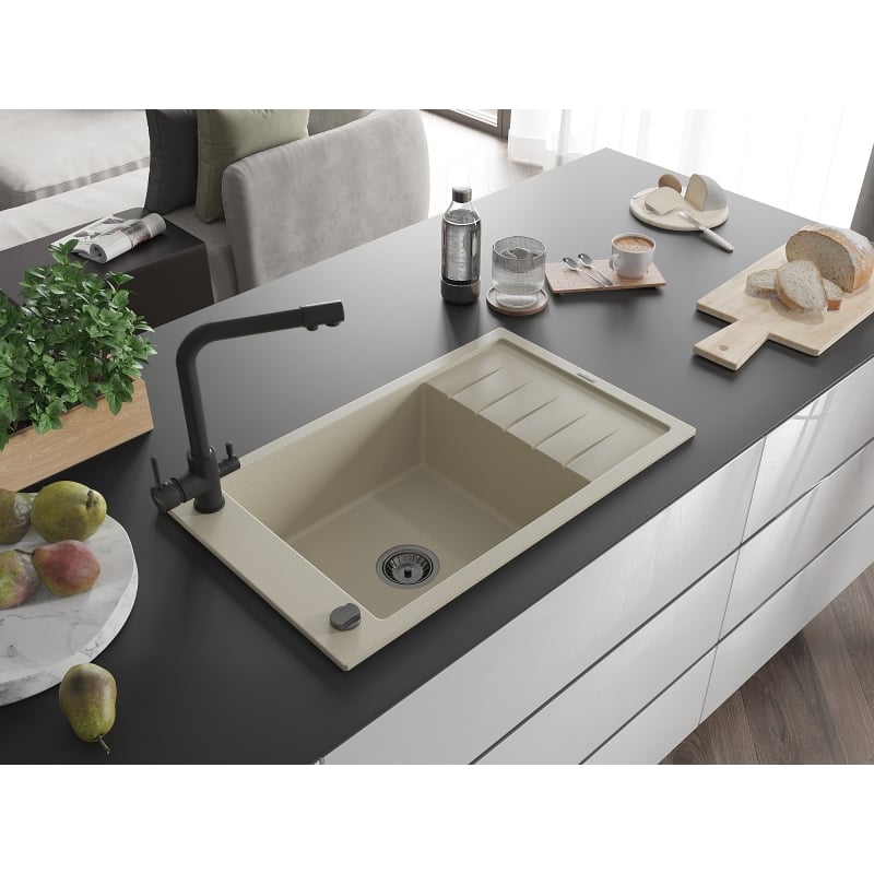 Mexen Elias granite kitchen sink single-bowl with drainer and Duero kitchen faucet, beige - 6511-69-671600-70