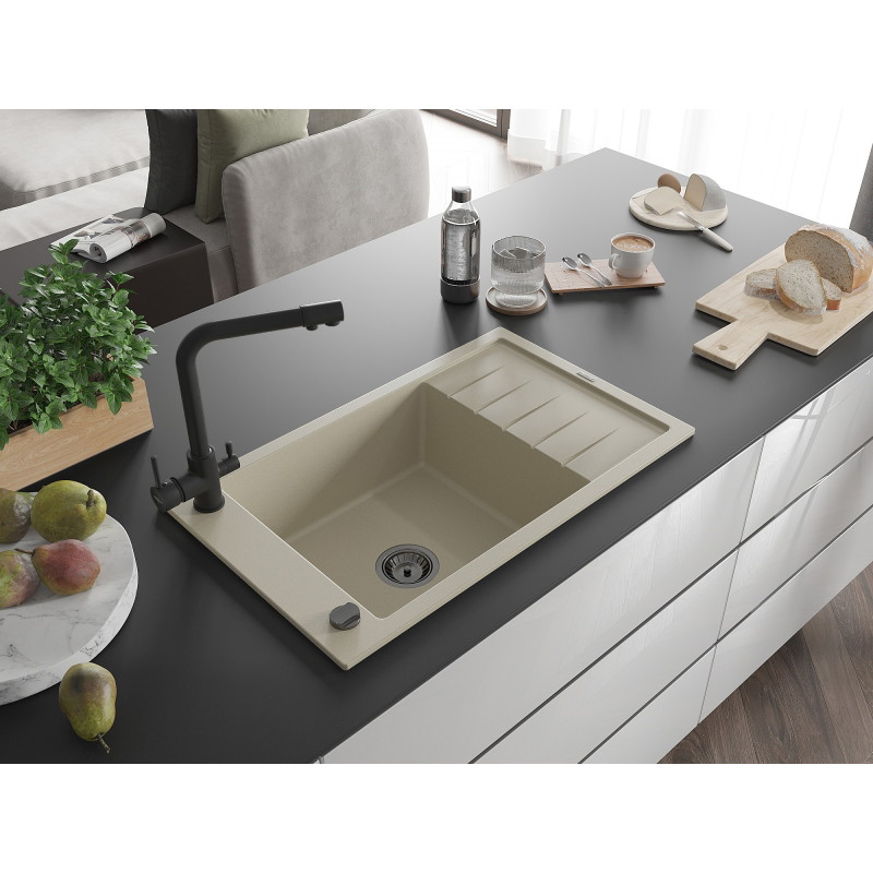 Mexen Elias one-bowl granite sink with drainer and kitchen faucet Duero, beige - 6511-69-671600-70