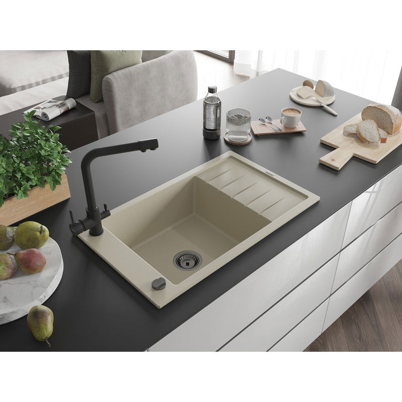 Mexen Elias single-bowl granite sink with drainer and Duero kitchen tap, beige - 6511-69-671600-70