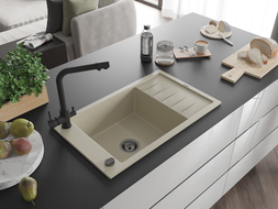 Mexen Elias single-bowl granite sink with drainer and Duero kitchen tap, beige - 6511-69-671600-70
