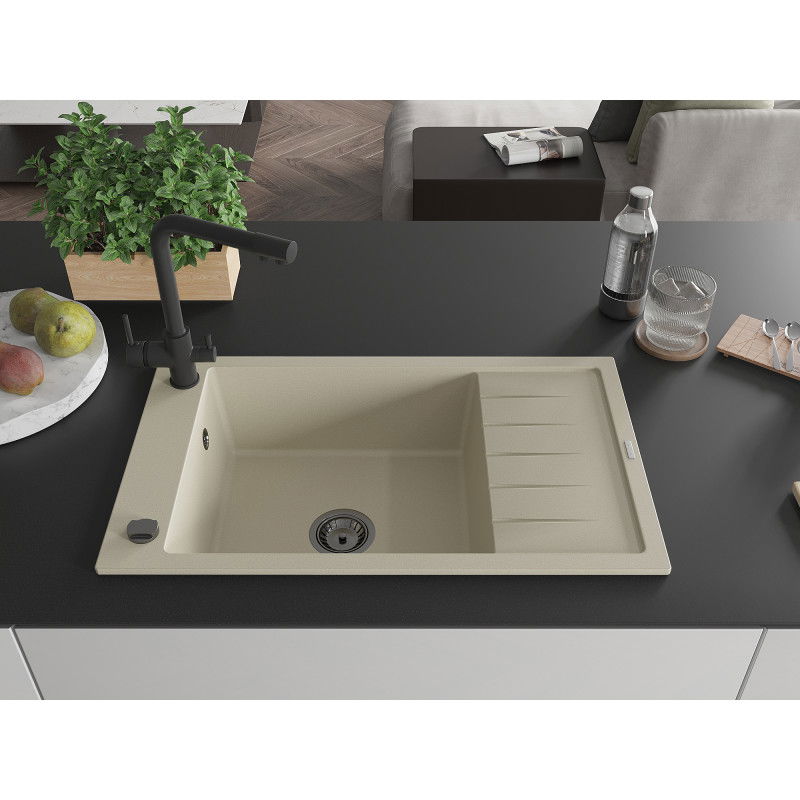 Mexen Elias single-bowl granite sink with drainer and Duero kitchen tap, beige - 6511-69-671600-70