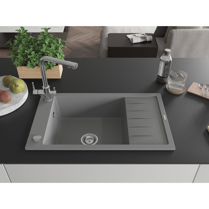 Mexen Elias granite kitchen sink 1-bowl with drainer and Duero kitchen tap, grey - 6511-71-671600-00