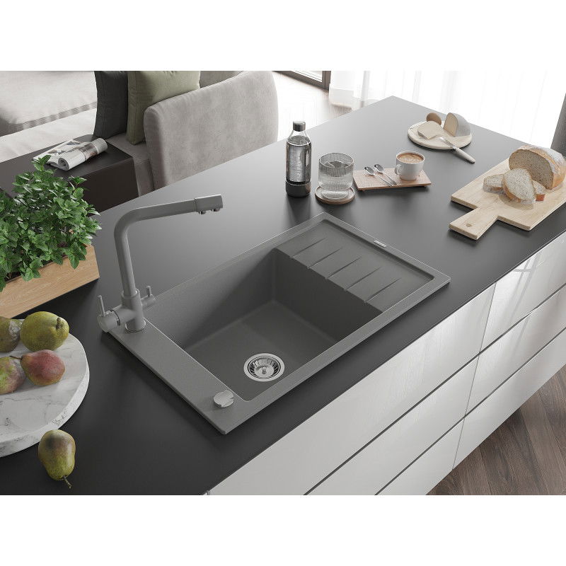 Mexen Elias 1-bowl granite sink with drainer and Duero kitchen tap, grey - 6511-71-671600-71