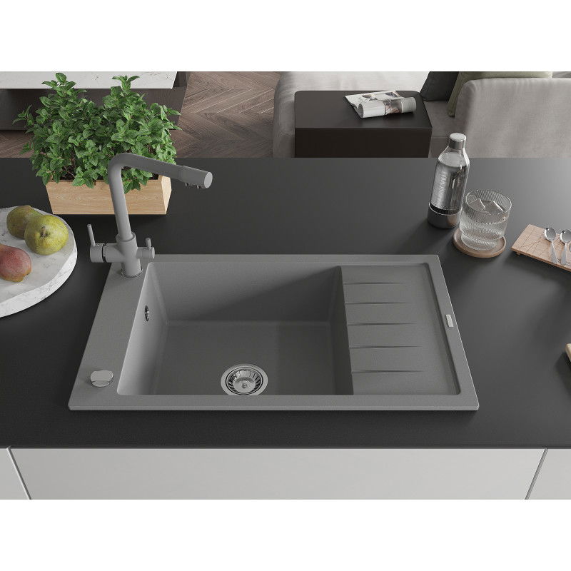 Mexen Elias 1-bowl granite sink with drainer and Duero kitchen tap, grey - 6511-71-671600-71