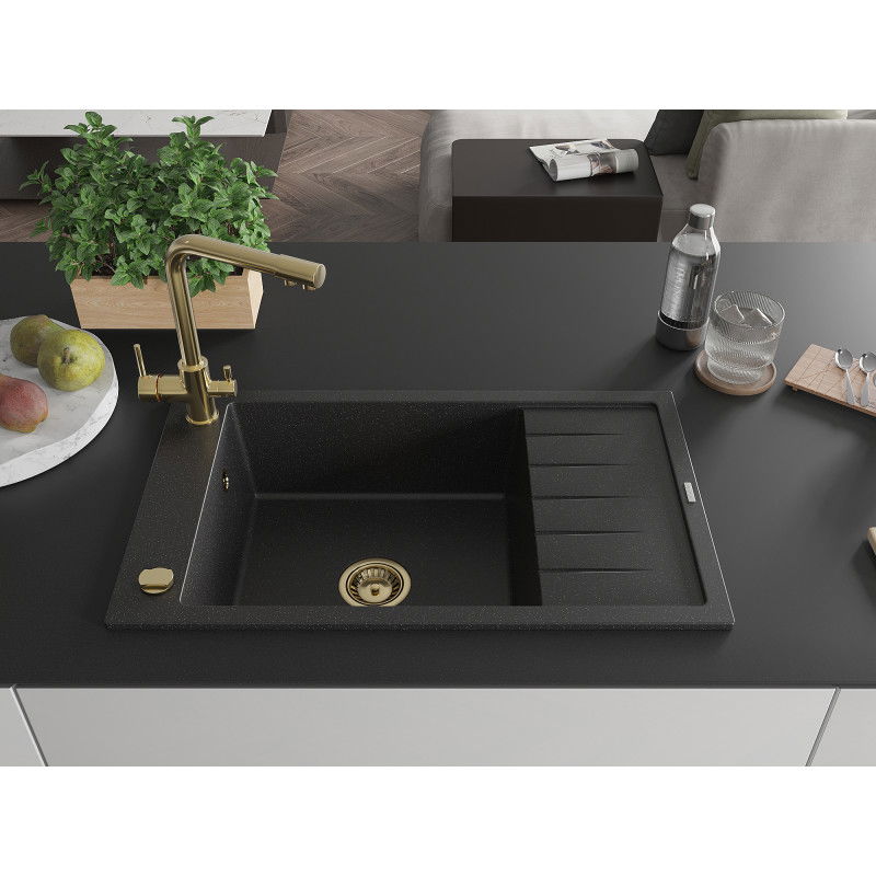 Mexen Elias 1-bowl granite sink with drainer and Duero kitchen tap, black/silver metallic - 6511-73-671600-50