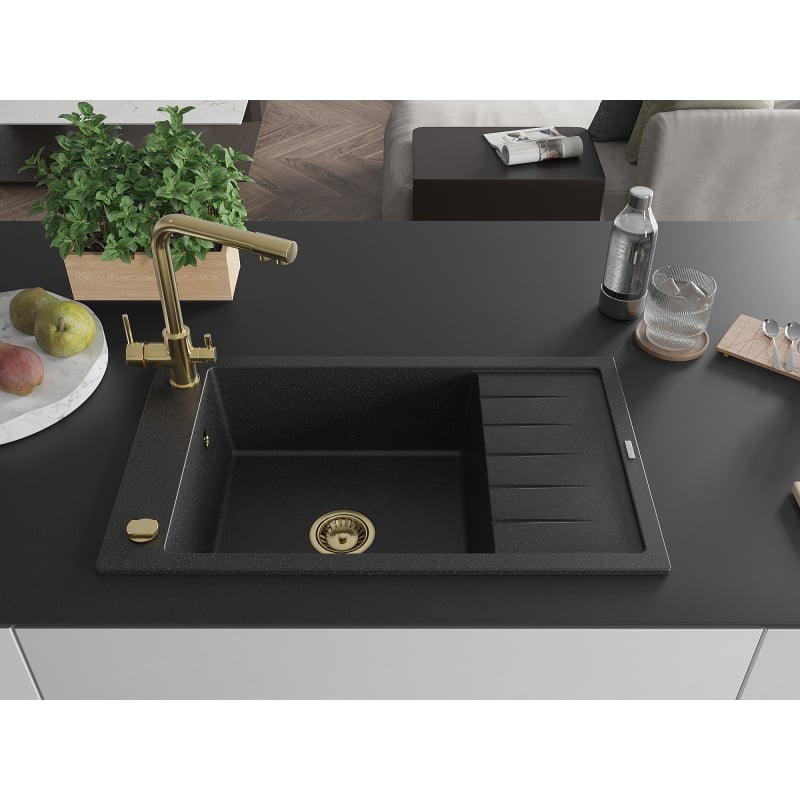 Mexen Elias granit sink 1-bowl with drainer and kitchen faucet Duero, black/silver metallic - 6511-73-671600-50