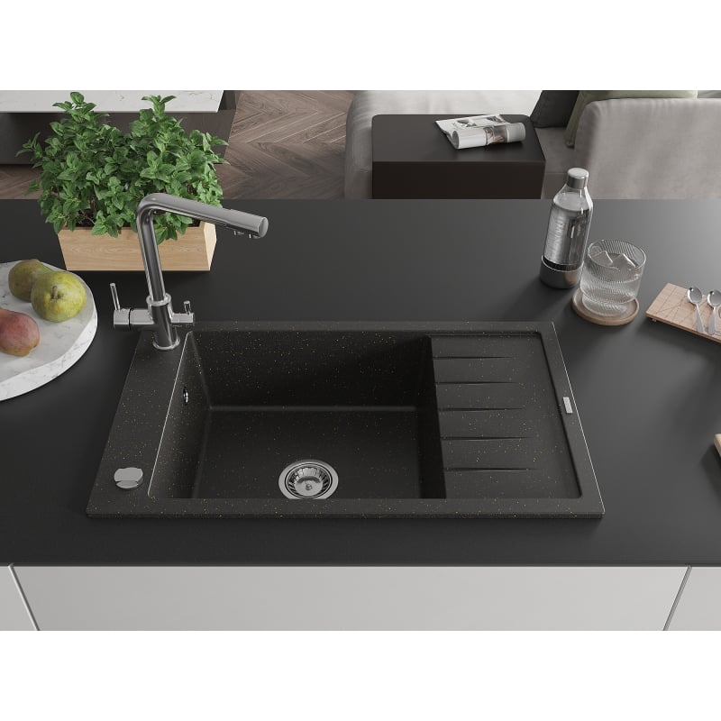 Mexen Elias granite kitchen sink with 1 bowl with drainer and Duero kitchen faucet, black/gold metallic - 6511-75-671600-00