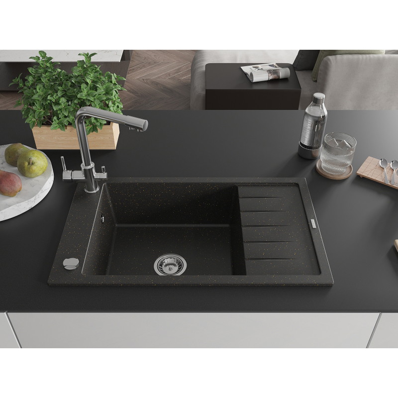 Mexen Elias granite single-bowl sink with drainer and Duero kitchen faucet, black/gold metallic - 6511-75-671600-00