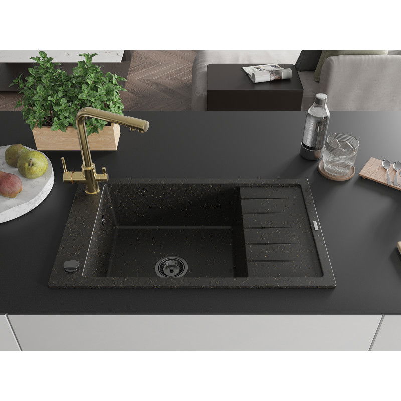 Mexen Elias 1-bowl granite sink with drainer and Duero kitchen tap, black/gold metallic - 6511-75-671600-50-B