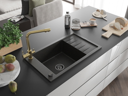 Mexen Elias 1-bowl granite sink with drainer and Duero kitchen faucet, black/gold metallic - 6511-75-671600-50-B