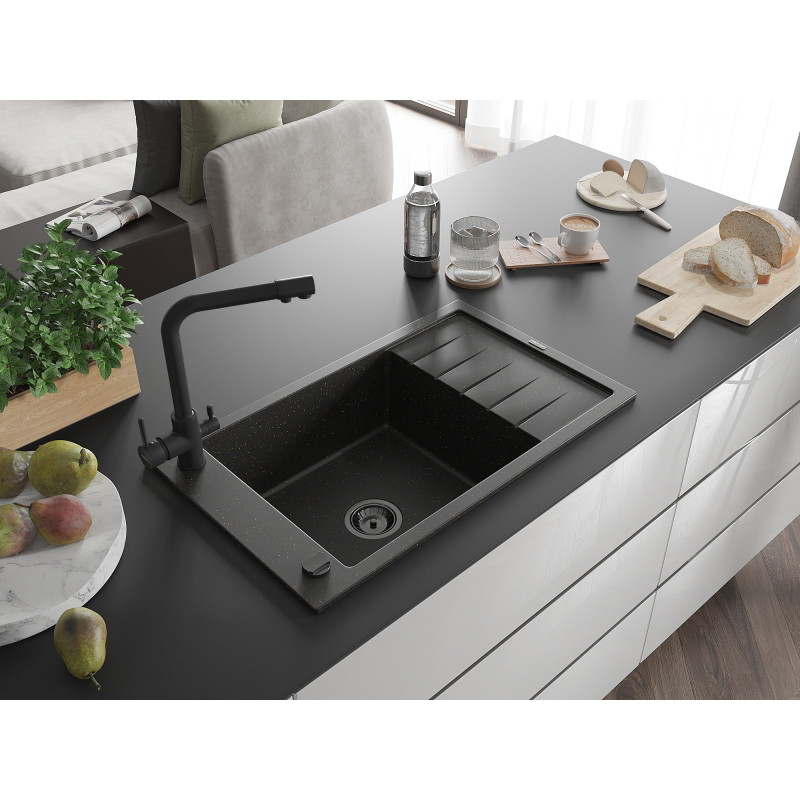 Mexen Elias granite kitchen sink 1-bowl with drainer and Duero kitchen faucet, black/gold metallic - 6511-75-671600-70-B