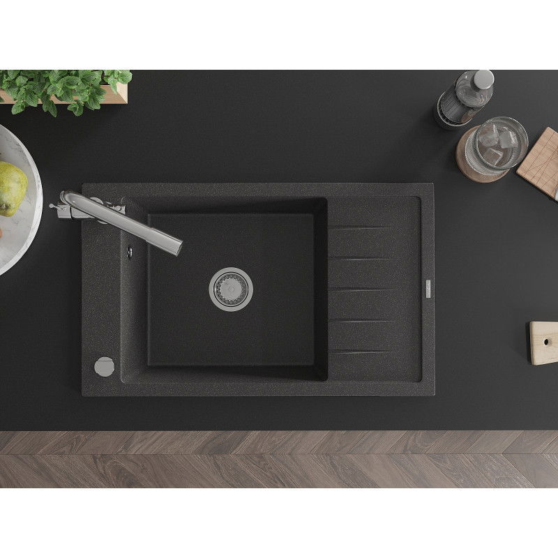 Mexen Elias granite sink with 1 bowl, drainer, and Duero kitchen tap, speckled black - 6511-76-671600-00
