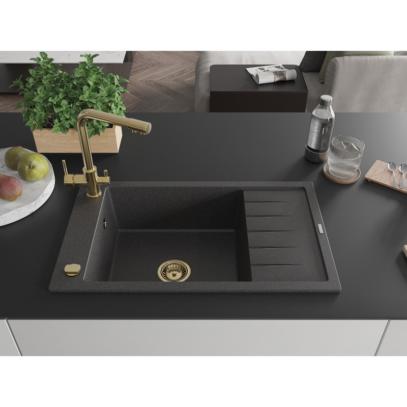 Mexen Elias 1-bowl granite sink with drainer and kitchen faucet Duero, black speckled - 6511-76-671600-50