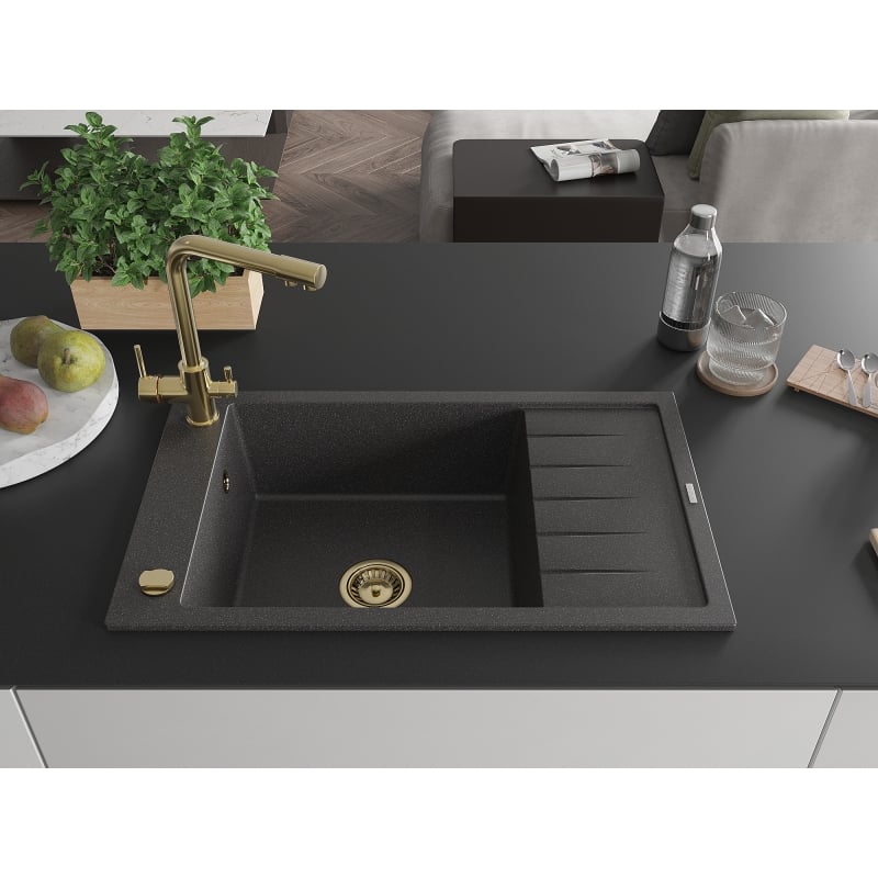 Mexen Elias granite kitchen sink 1-bowl with drainer and Duero kitchen faucet, black speckled - 6511-76-671600-50