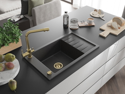 Mexen Elias 1-bowl granite sink with drainer and kitchen faucet Duero, black speckled - 6511-76-671600-50