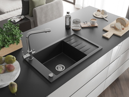 Mexen Elias 1-bowl granite sink with drainer and Duero kitchen faucet, black - 6511-77-671600-00