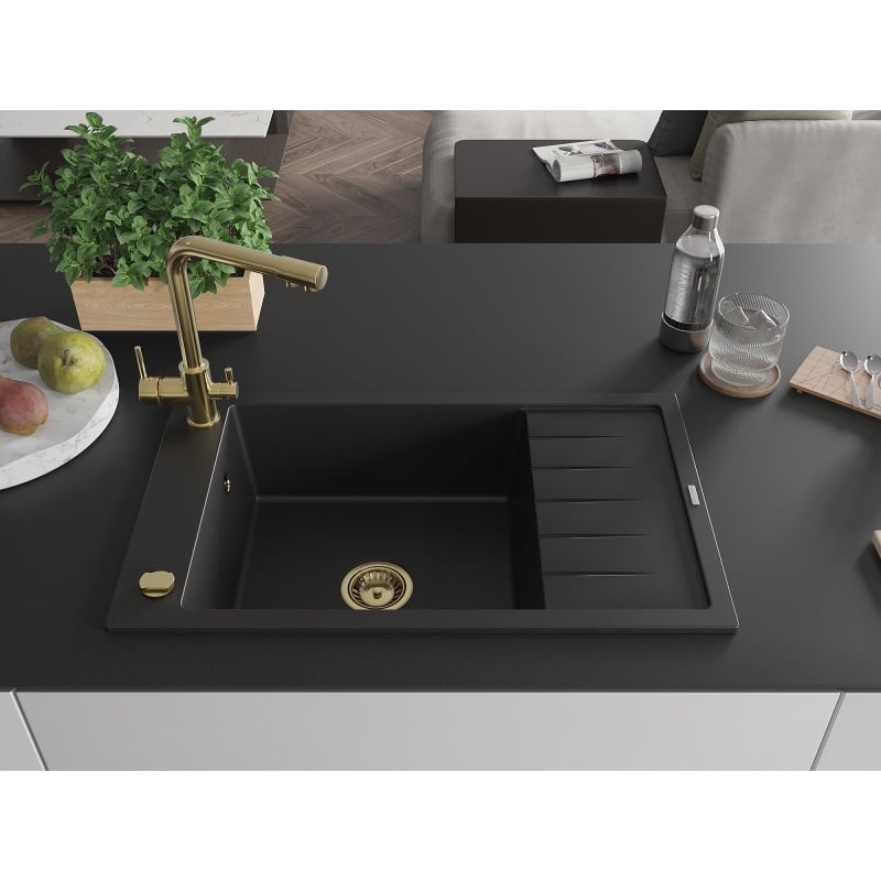 Mexen Elias granite sink 1-bowl with drainer and kitchen faucet Duero, black - 6511-77-671600-50