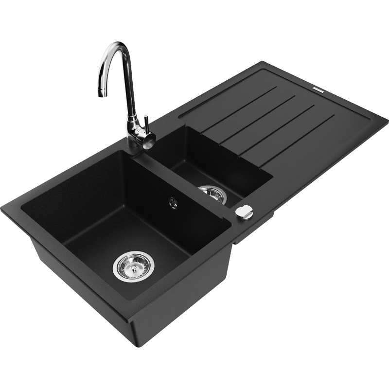 Mexen Andres granite sink 1.5-bowl with drainer and Telma kitchen faucet, black - 6515-77-670200-00