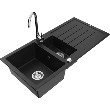 Mexen Andres 1.5-compartment granite sink with a drip tray and kitchen mixer tap Telma, Black - 6515-77-670200-00